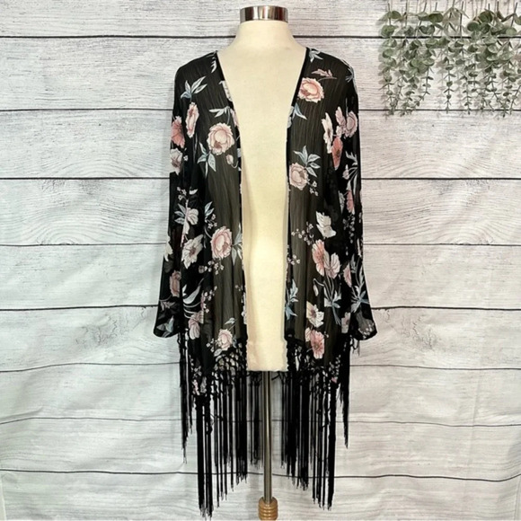 torrid Tops - Torrid Chiffon Kimono Top Black Floral Print Fringe Open Sheer Plus Size 1X 2X